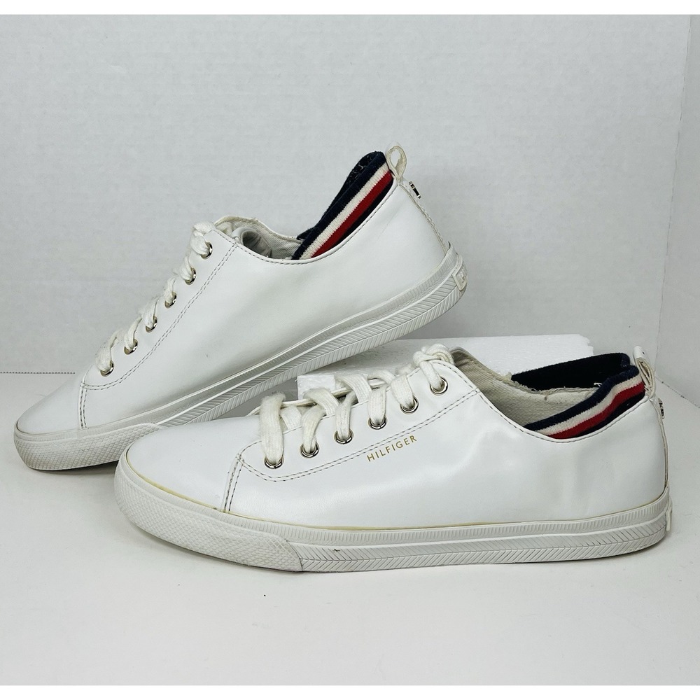 Tommy Hilfiger TWLOU-R Women Sz 9 M White Leather Tennis‎ Shoes Classic Prep EUC